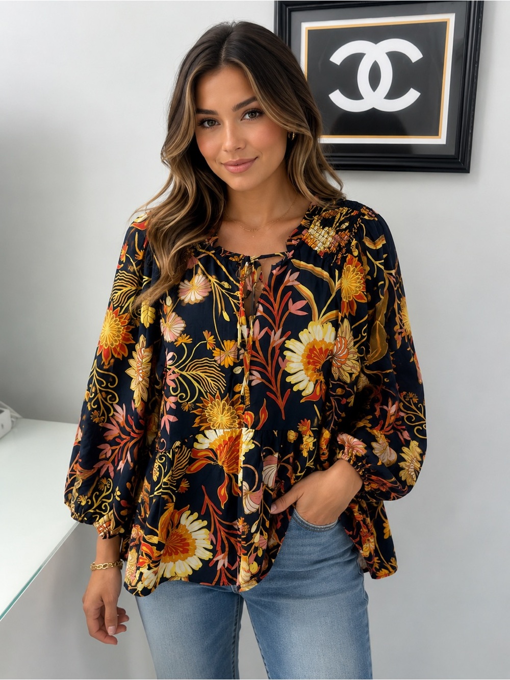 Umgee Black Floral Peasant Blouse with Yellow & Orange Blooms